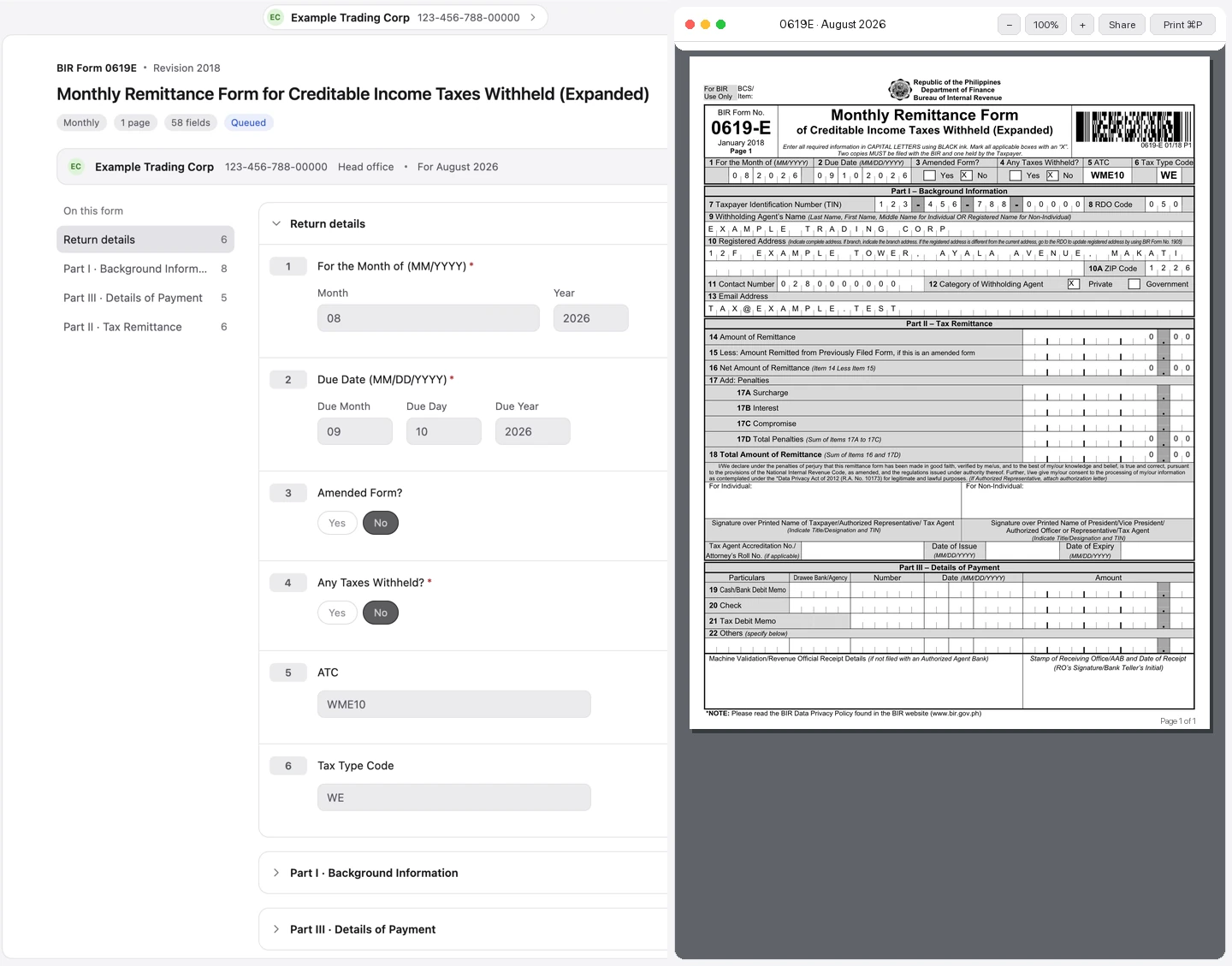 The Buwiz desktop app: a BIR return beside its live print preview